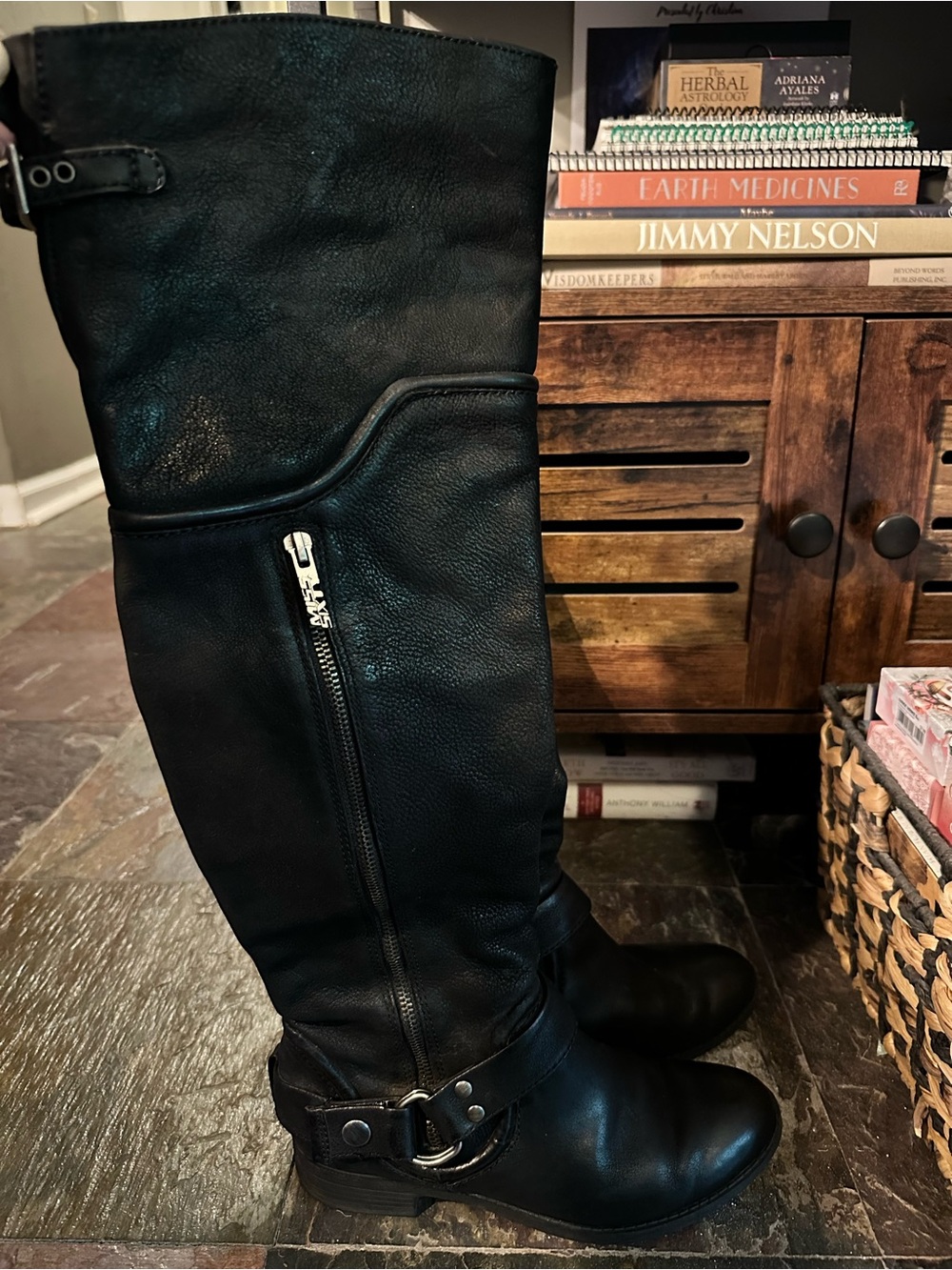 Miss Sixty Black Leather Knee-High Boots with Side Zipper